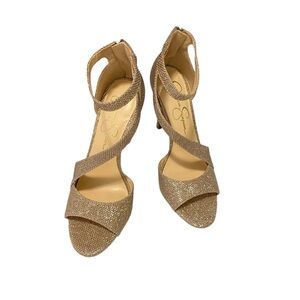 NWOT Jessica Simpson Jessimae stiletto heel strappy sandal in gold glitter.
